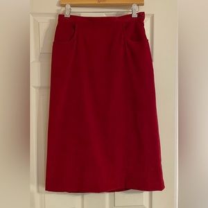 Red midi length Christopher & Banks skirt with side pockets and hidden zipper